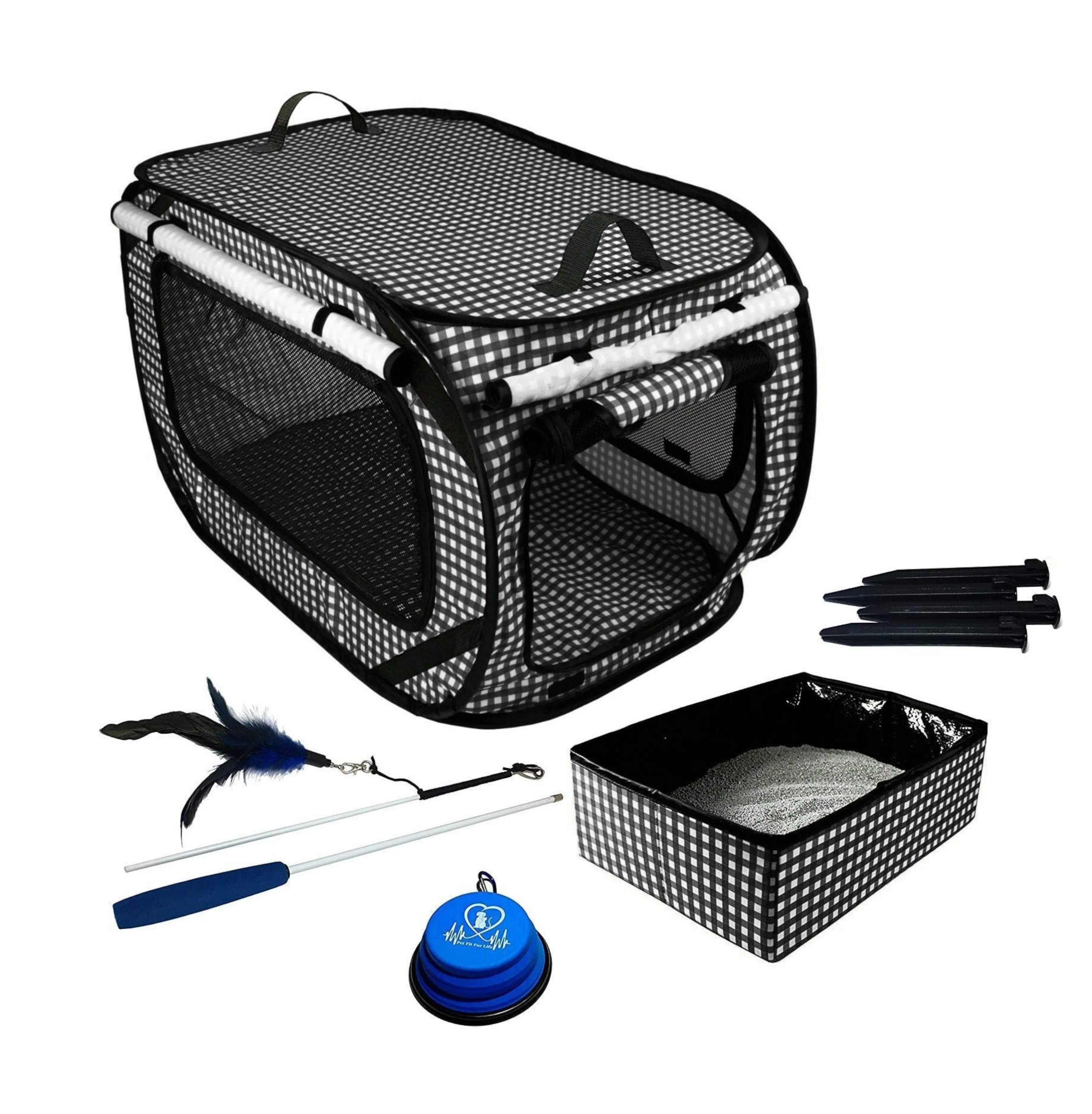 Extra Large Collapsible Cat Condo, Litter Box, Bowl and Cat Wand