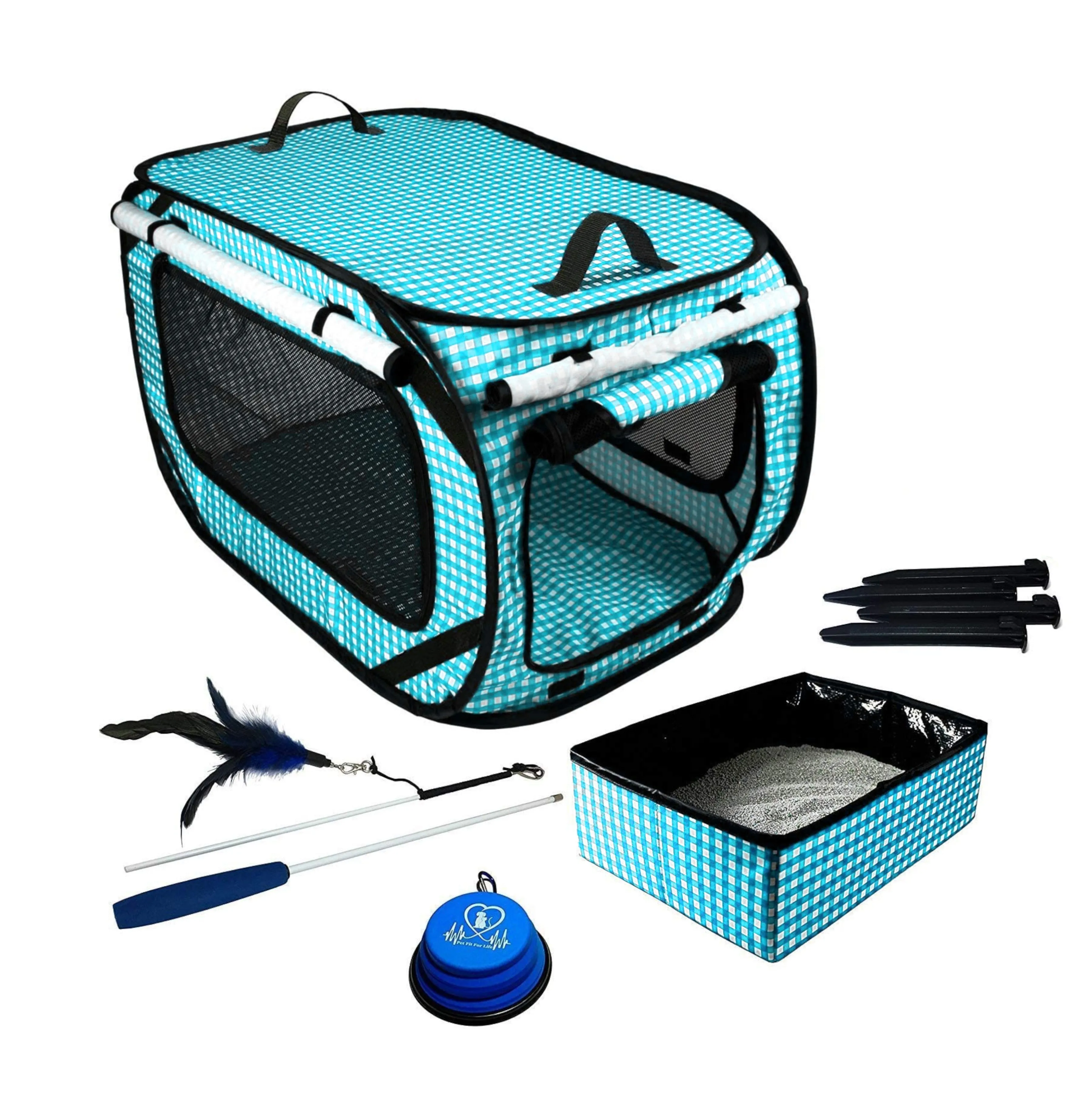 Extra Large Collapsible Cat Condo, Litter Box, Bowl and Cat Wand