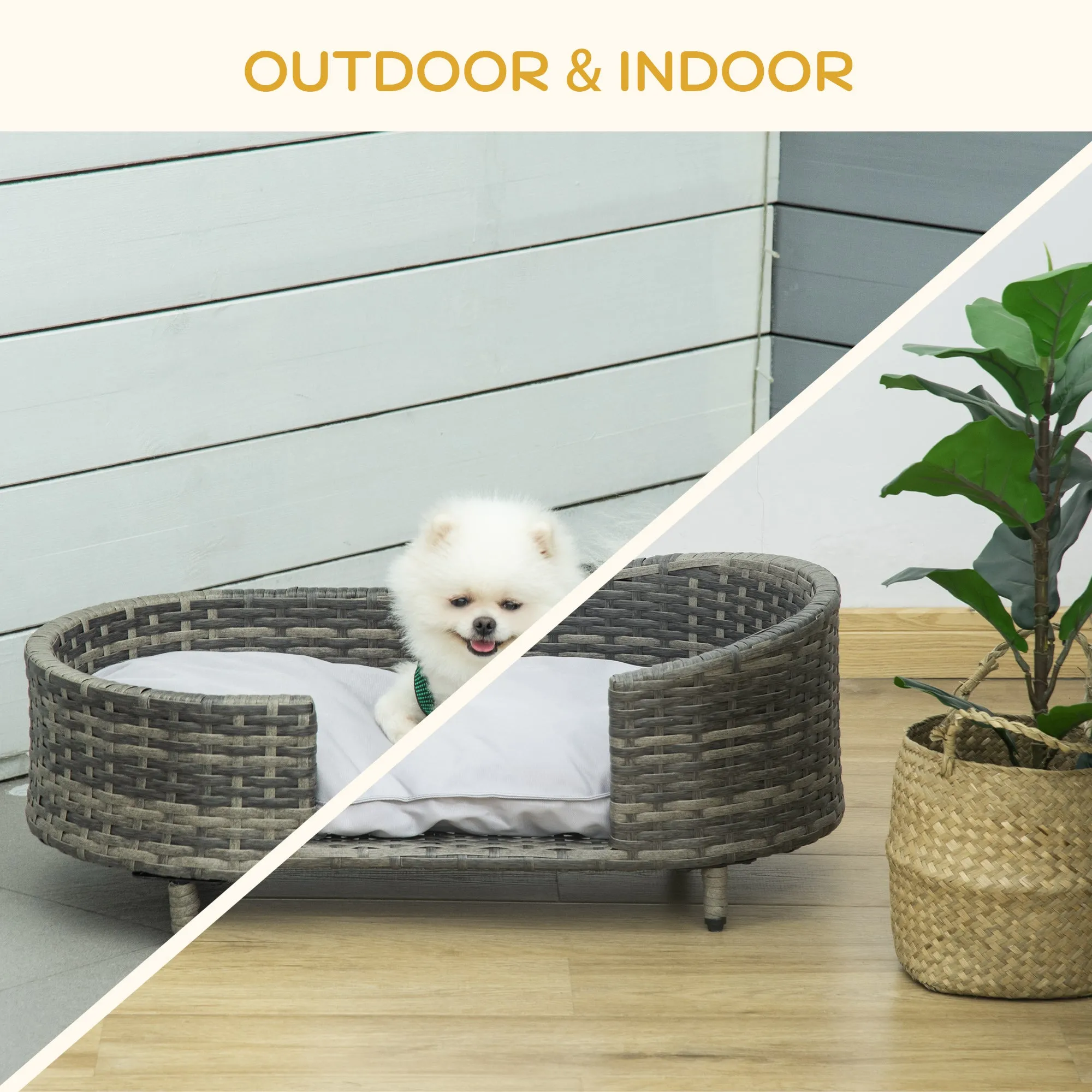 PawHut Wicker Dog Sofa Bed w/ Soft Water-resistant Cushion for Medium Small Dogs