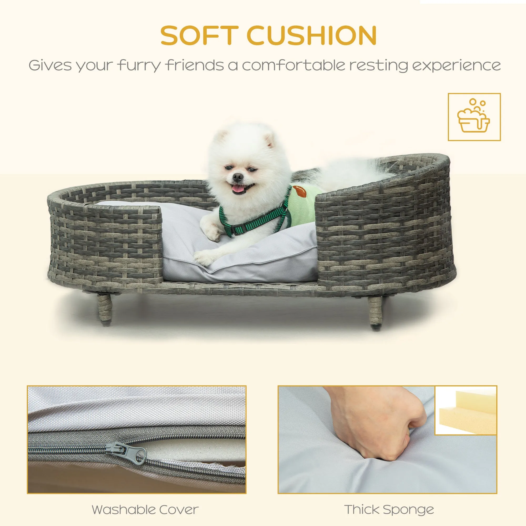 PawHut Wicker Dog Sofa Bed w/ Soft Water-resistant Cushion for Medium Small Dogs