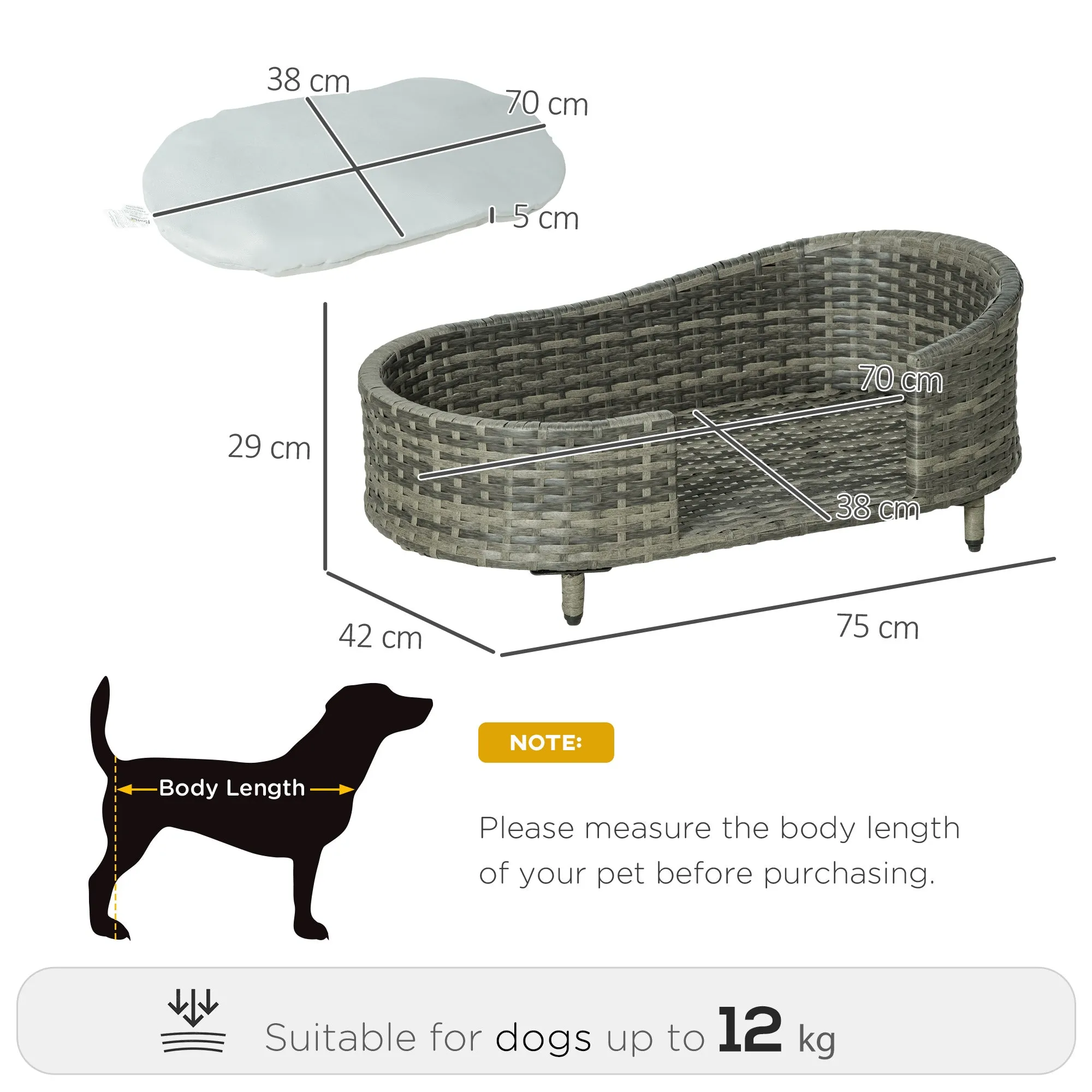 PawHut Wicker Dog Sofa Bed w/ Soft Water-resistant Cushion for Medium Small Dogs