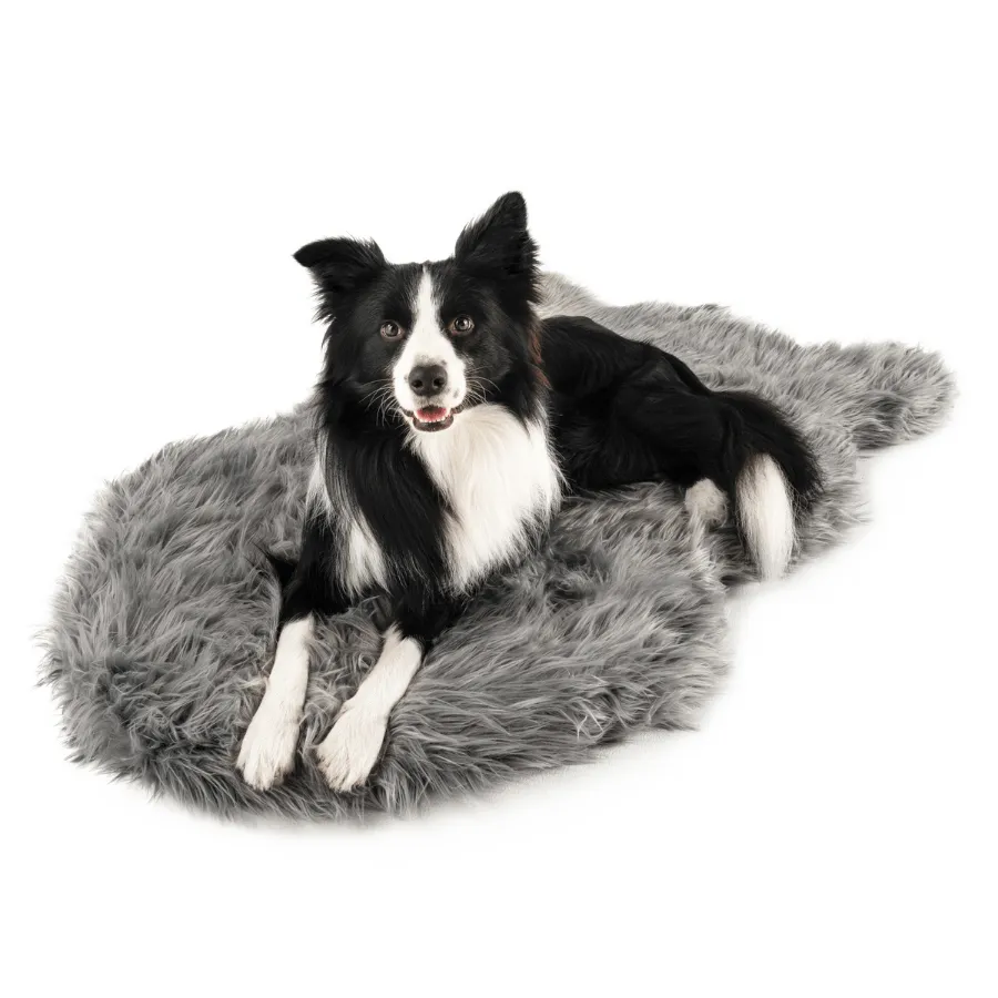 PupRug™ Faux Fur Charcoal Grey Orthopedic Dog Bed   FREE Holiday Plaid Bed Cover