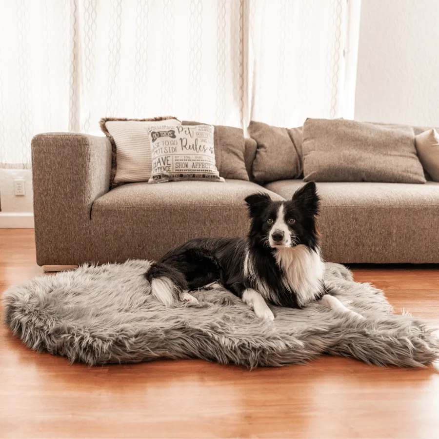 PupRug™ Faux Fur Charcoal Grey Orthopedic Dog Bed   FREE Holiday Plaid Bed Cover