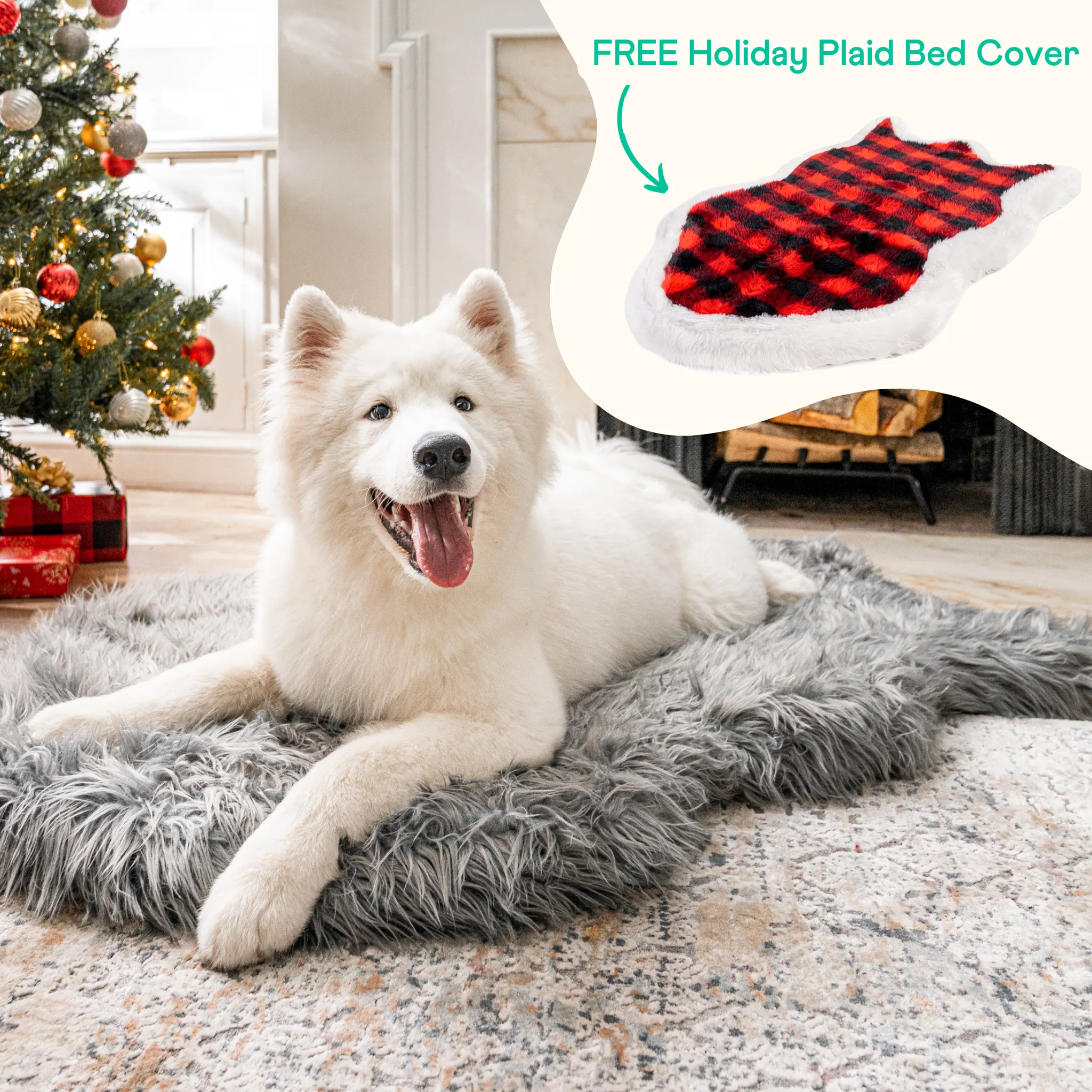 PupRug™ Faux Fur Charcoal Grey Orthopedic Dog Bed   FREE Holiday Plaid Bed Cover