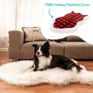 PupRug™ Faux Fur Polar White Orthopedic Dog Bed   FREE Holiday Plaid Bed Cover