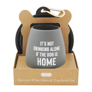 "Alone" Gray Wine Glass and Dog Bowl Set