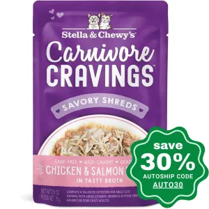 Stella & Chewy's - Cat Wet Food - Carnivore Cravings Pouch - Chicken & Salmon Recipe in Tasty Broth (Savory Shreds) - 2.8OZ (Min. 24 pouches)