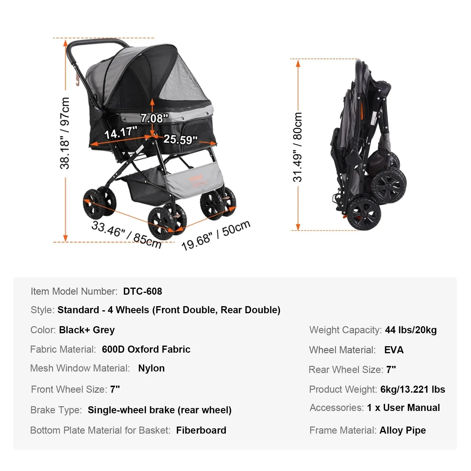 VEVOR Pet Stroller Carrier - Lightweight & Durable with Brakes