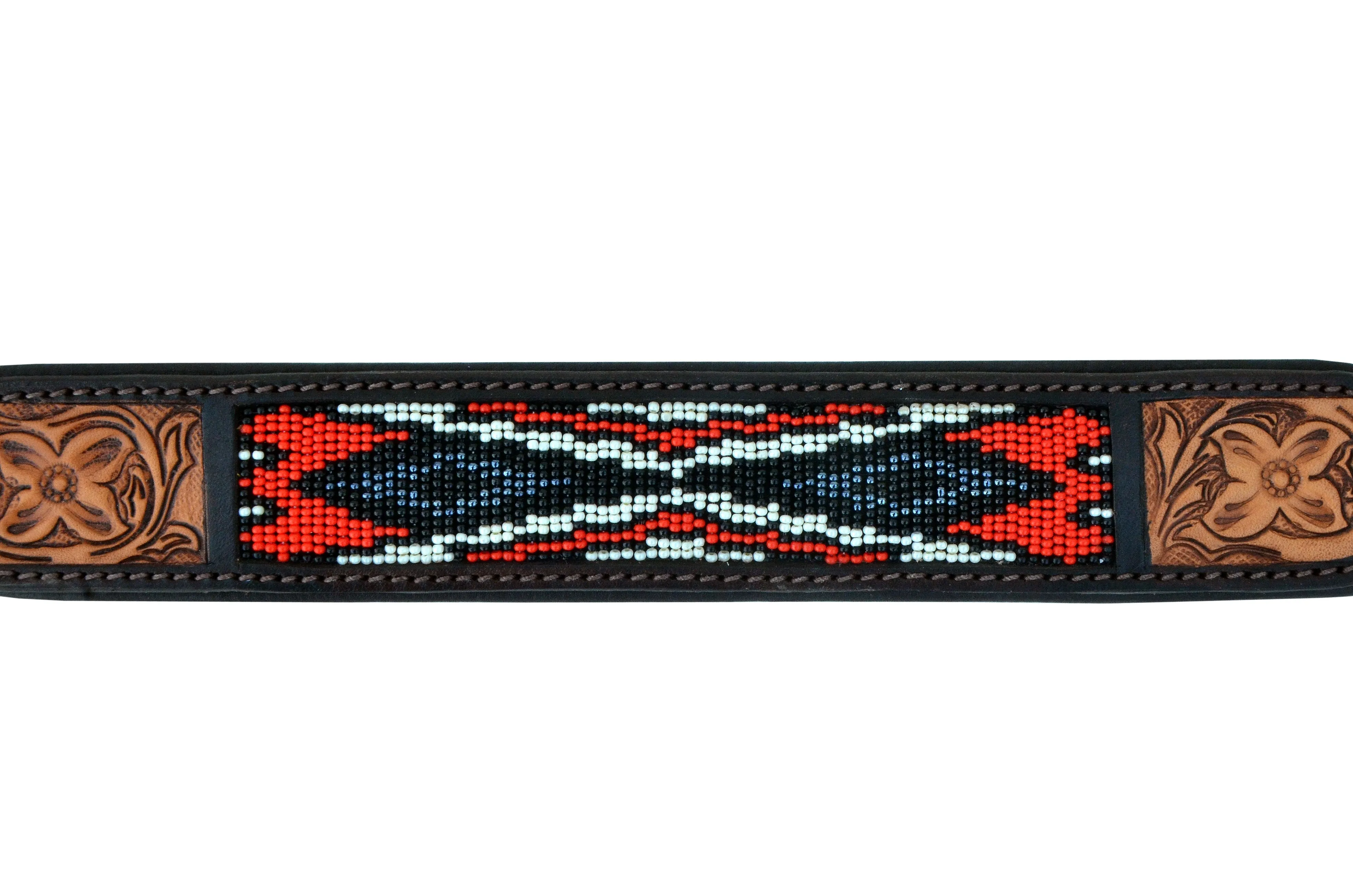 Western Style Beaded and Tooled Leather Dog Collar With Padded Soft Lining 10AB010