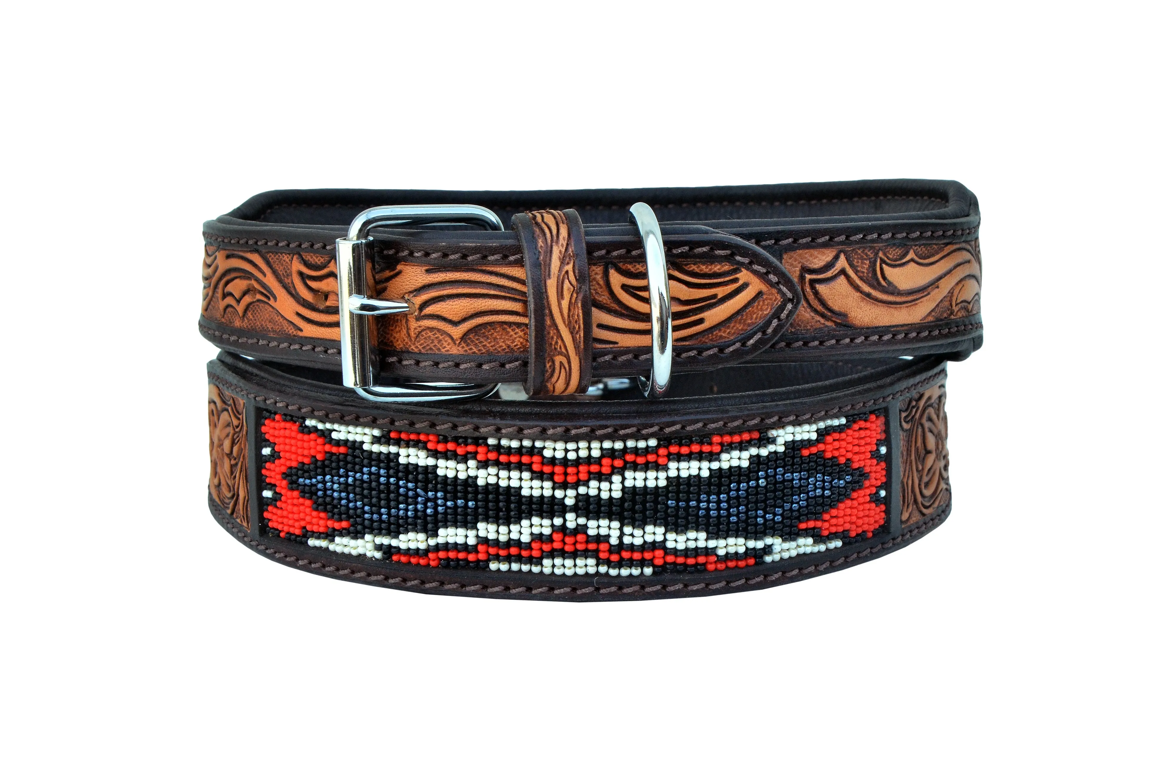 Western Style Beaded and Tooled Leather Dog Collar With Padded Soft Lining 10AB010